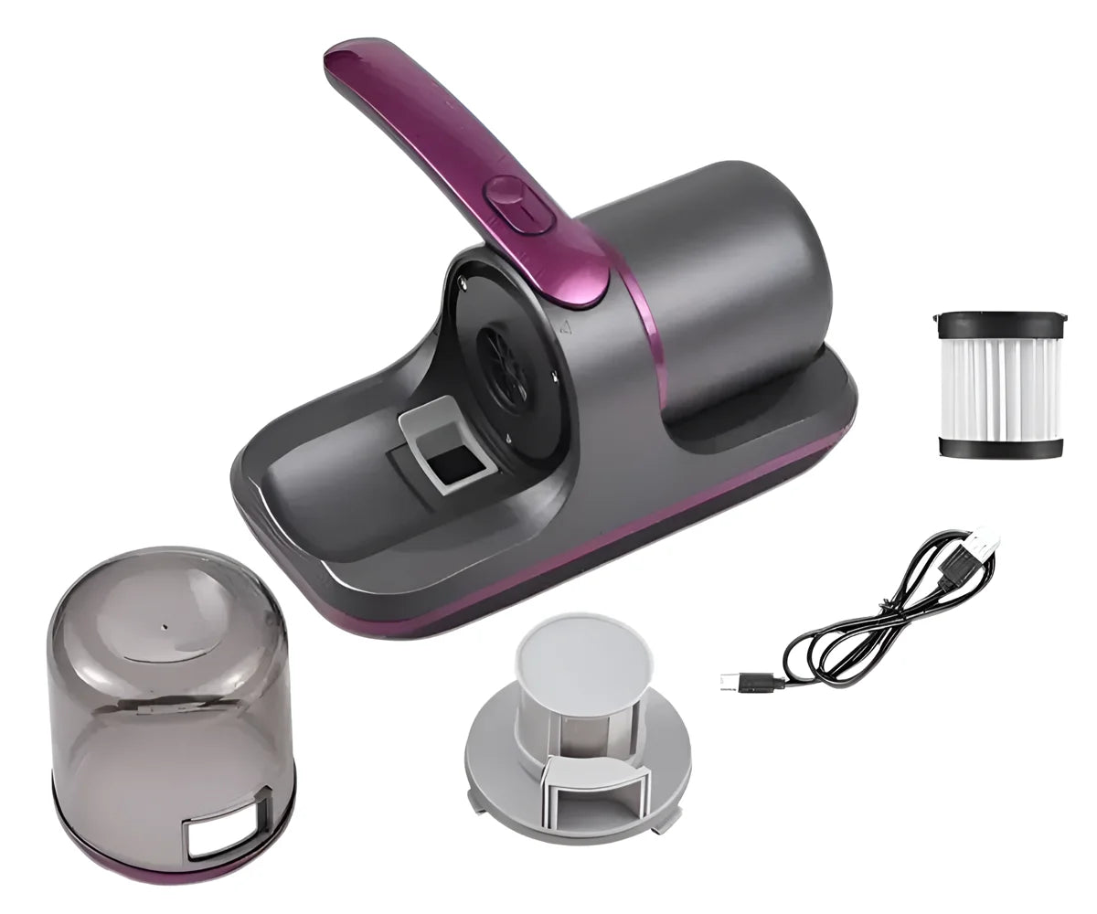 Piezas visibles: mango, depósito extraíble, filtro y cable de carga USB
